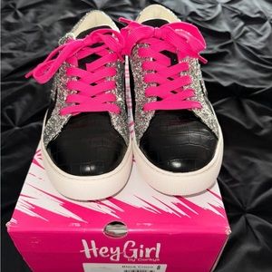 Hey Girl Black Crocodile Texture Sneakers with Silver Glitter- Women’s Size 8